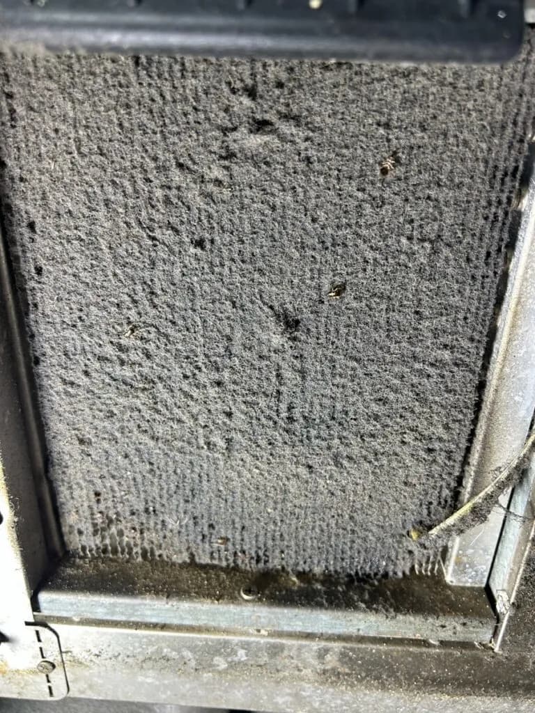 A blocked restaurant fridge condenser coil