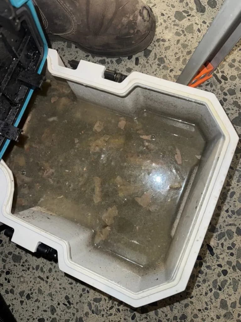 Bucket filled with dirty water and debris removed from a blocked commercial fridge drain.
